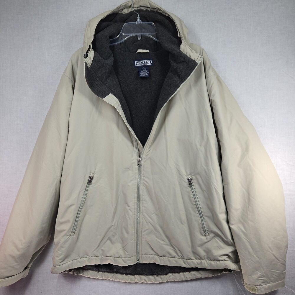 Lands End Jacket Mens Large Khaki Tan Beige Hood Fleece Lined Gorpcore Preppy - Picture 12 of 12